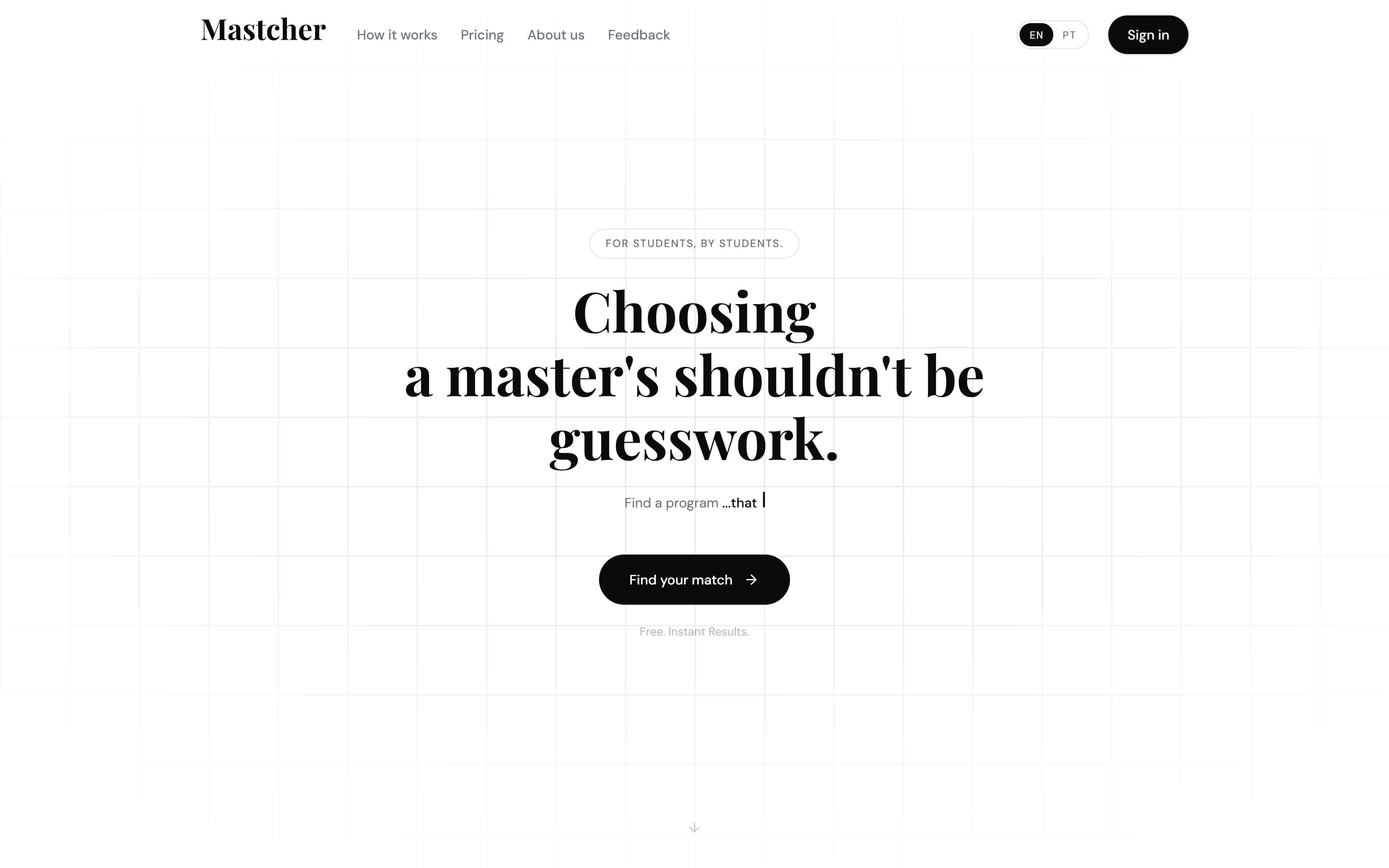 Mastcher home page: Choosing a master's shouldn't be guesswork