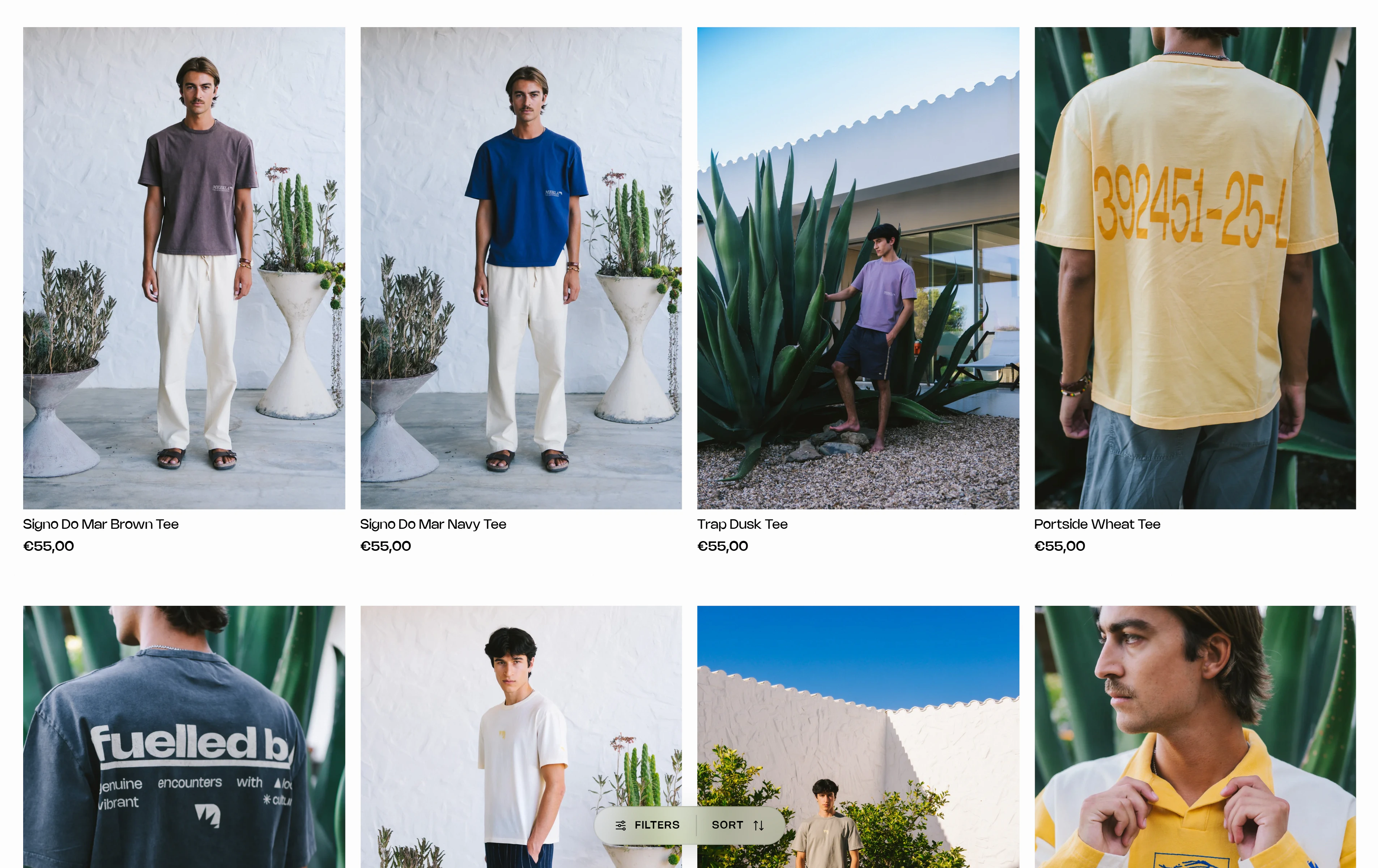 The Hands of the Tide collection: a grid of tees shot against white walls and agave