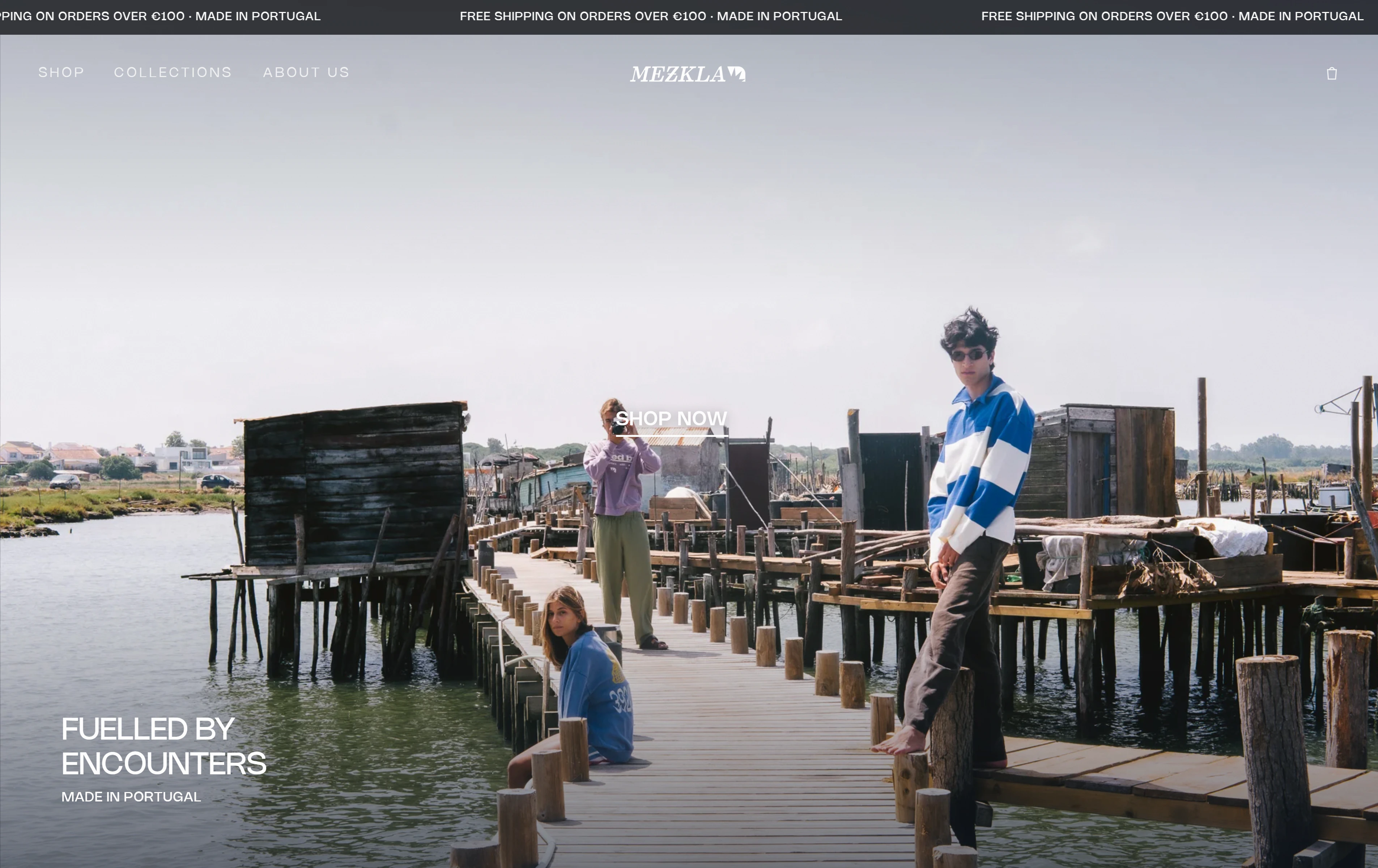 Mezkla home page: models on a fishermen's pier under the line Fuelled by encounters